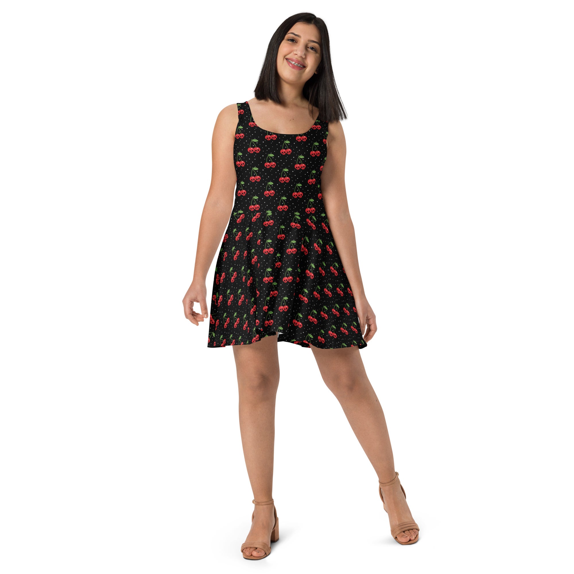 Skull Cherries Pattern Skater Dress