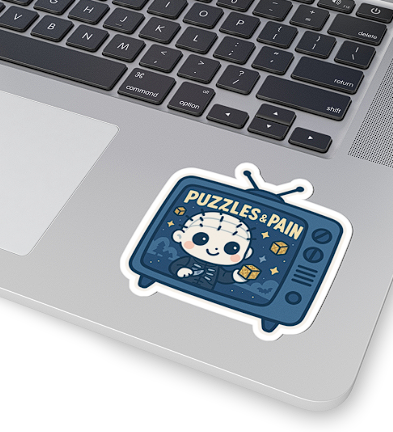 Puzzles & Pain TV Sticker — Cute Pinhead Horror Laptop Decal
