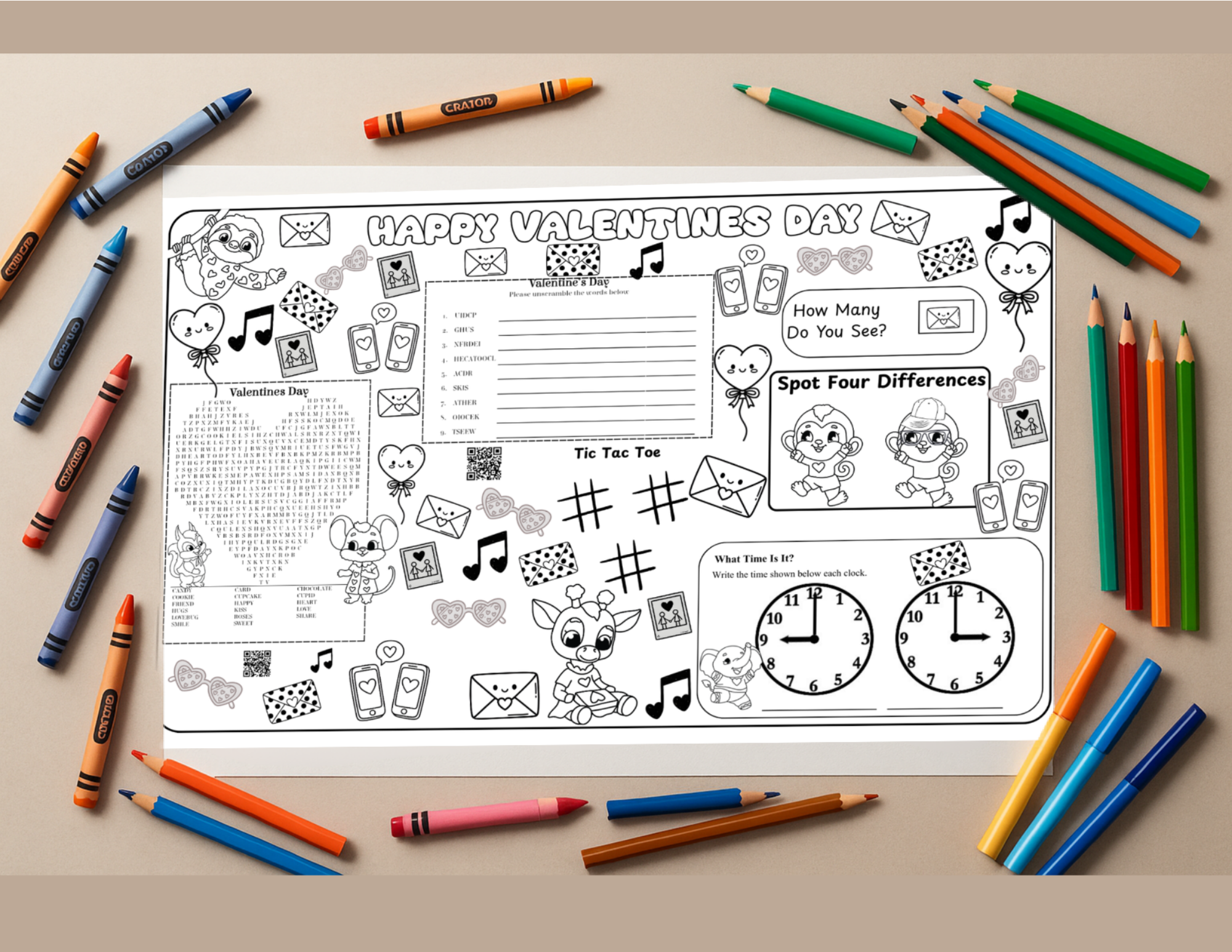 Valentine’s Day Printable Placemat for Kids | Cute Love-Themed Activity Placemat | Instant Download