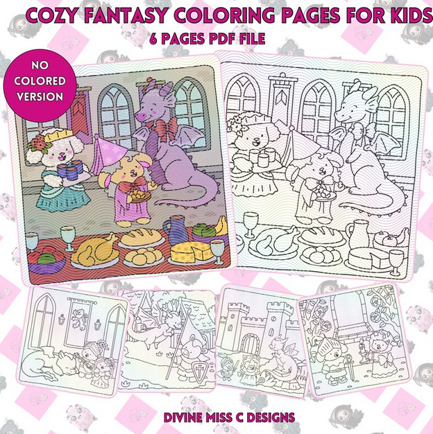 The Royal Kingdom: Cozy Animal Princess, Dragon Coloring Pages by Divine Miss C Designs 