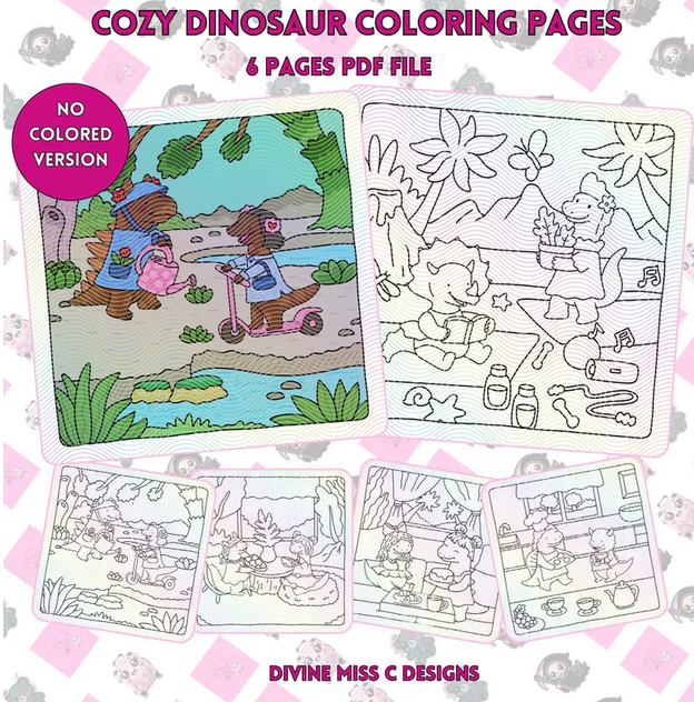 Cozy Dinosaur Coloring Pages – 6 Printable PDF Sheets (Digital Download)