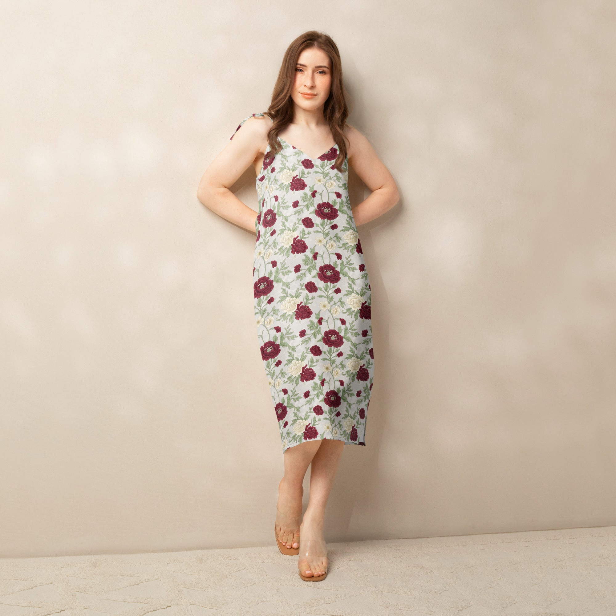 Floral Tie Strap Midi Dress | Vintage Rose Print Slip Dress | Feminine Summer Dress