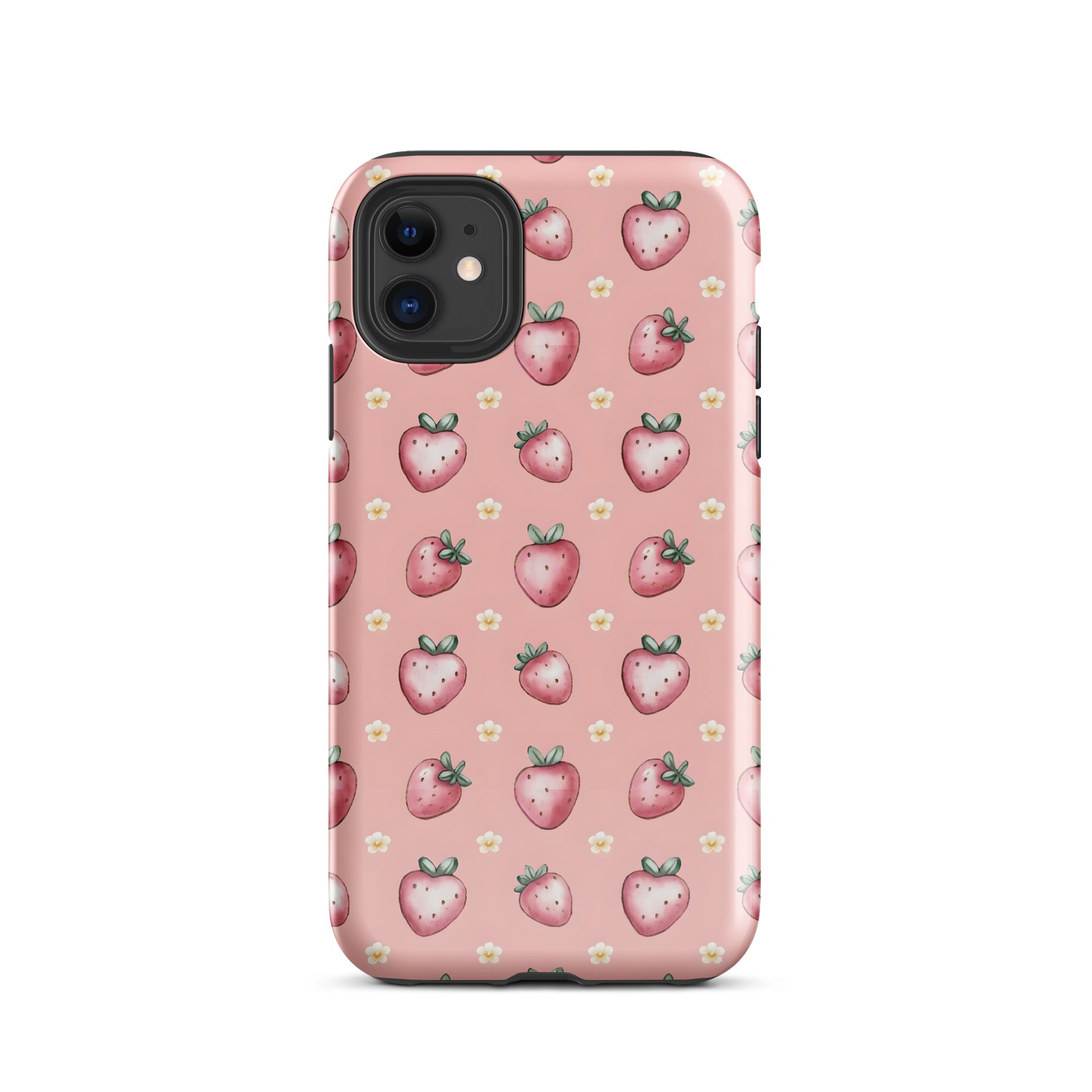 Strawberry Pattern Tough Phone Case — Pink Cute Fruit Protective Cover for iPhone