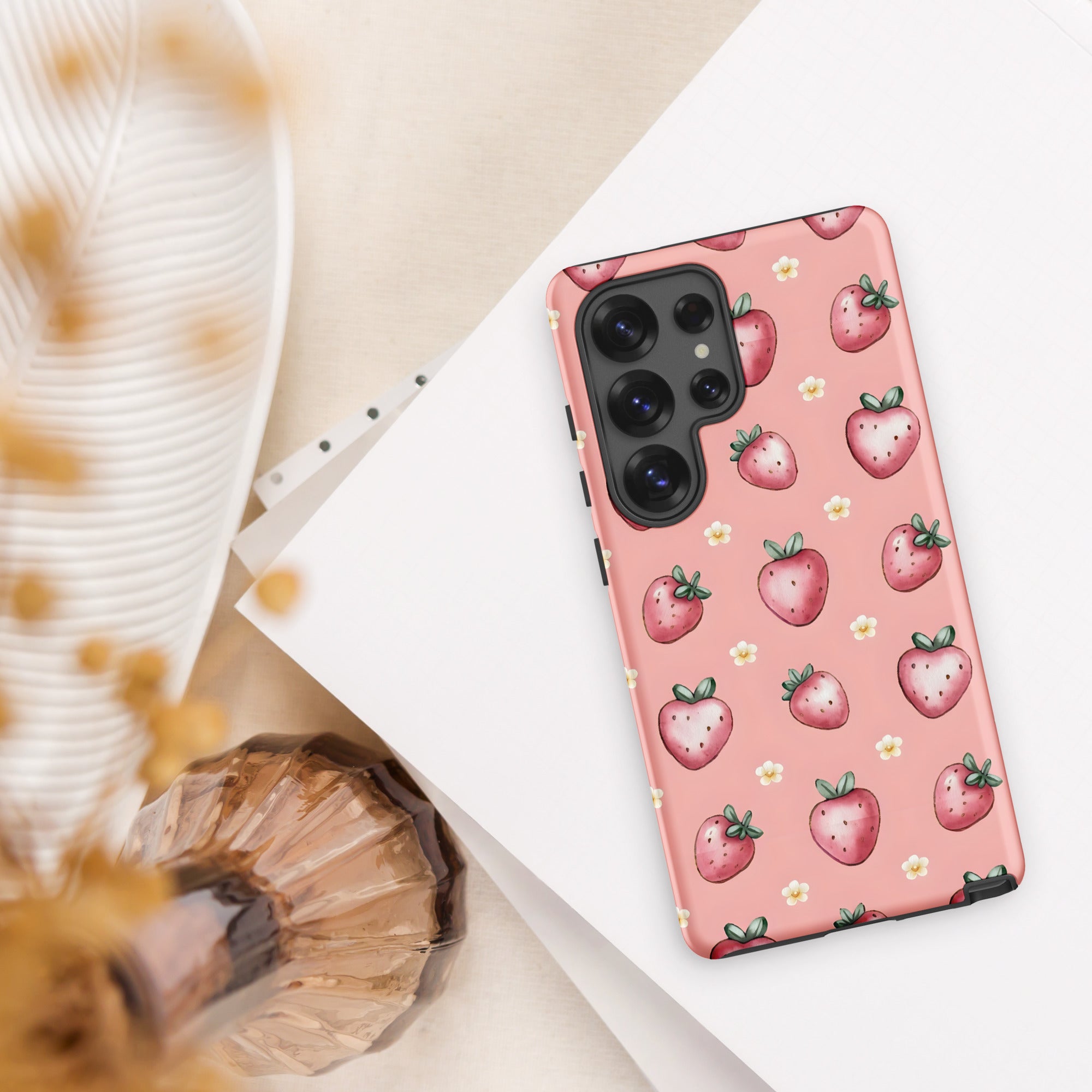 Strawberry Pattern Tough Phone Case — Pink Cute Fruit Protective Cover Samsung