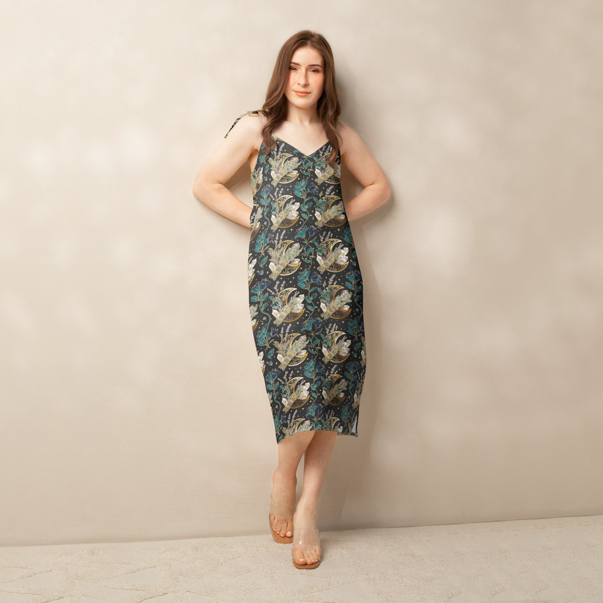 Crystal Florals Pattern Dress - Cute Blue Tie-strap midi dress 