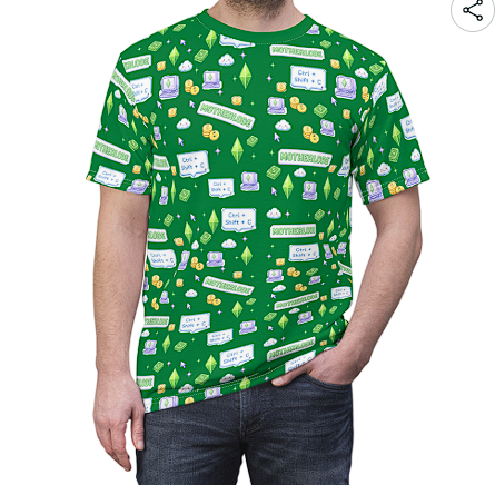 Sims-Inspired All-Over Print Tee — Green Plumbob & UI Icon Pattern
