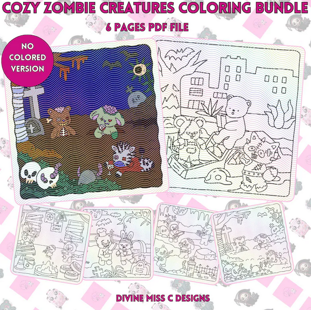 Kawaii Zombie Animal Coloring Pages – Halloween Printable Bundle (PDF Download)