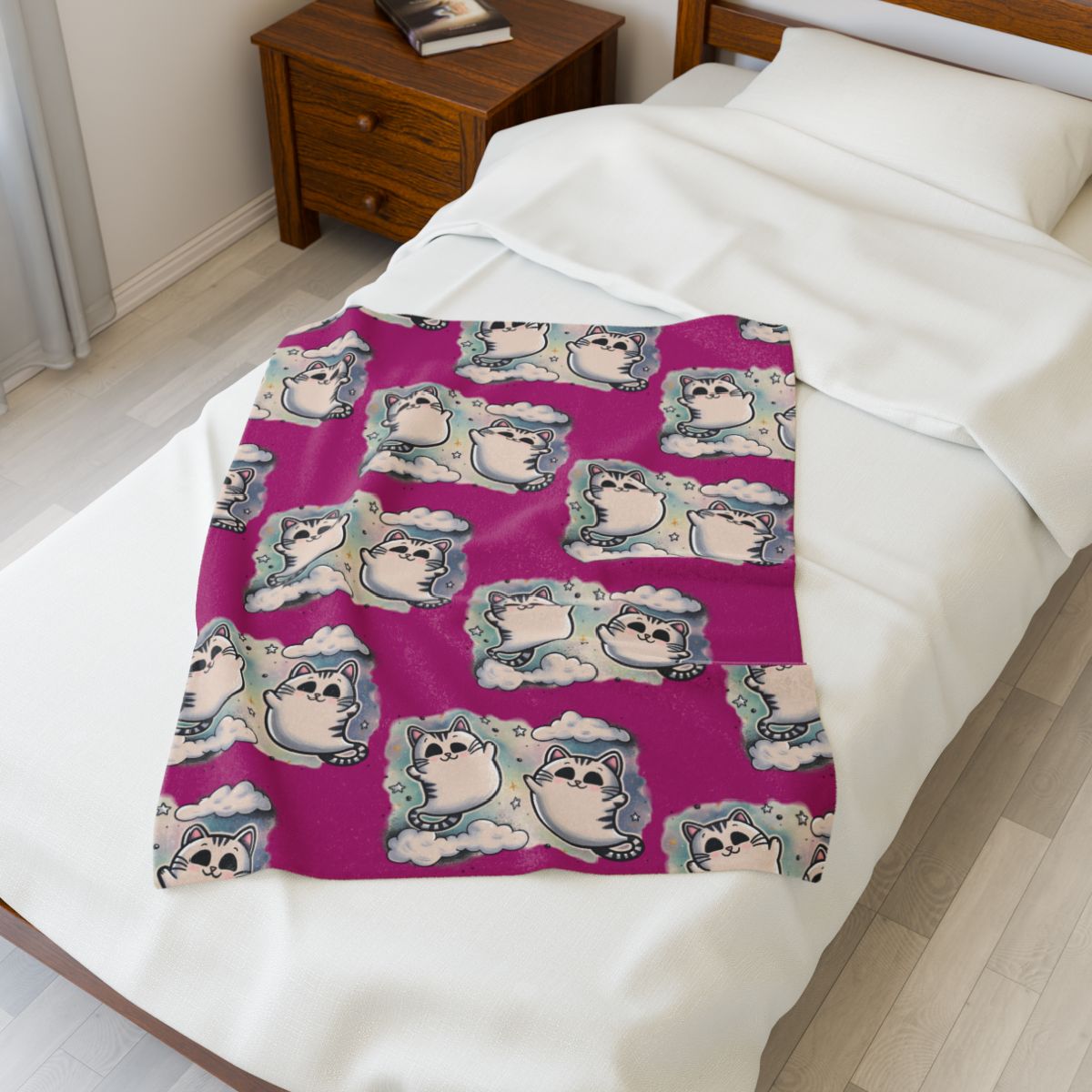 Pink Grey Cozy Cat-Themed Velveteen Plush Blanket, Cat Lover Gift, Soft Throw Blanket, Home Décor, Unique Gift Idea, Pet Comfort