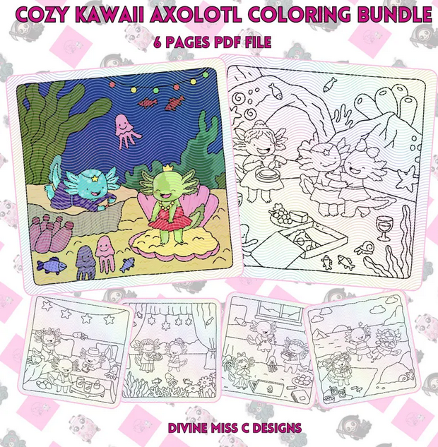 Cozy Kawaii Axolotl Coloring Pages - 6 Adorable Printable Sheets 
