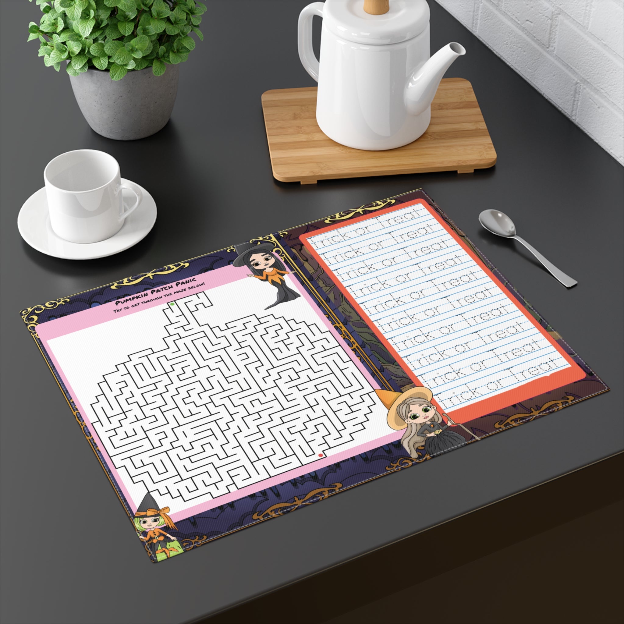 Halloween Activity Placemat, Trick or Treat Fun Mat for Kids, Interactive Maze and Coloring, Perfect for Parties, Gifts