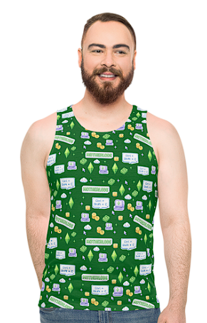 Sims-Inspired Green Pattern Tank Top — “Motherlode” & UI Icons All-Over Print