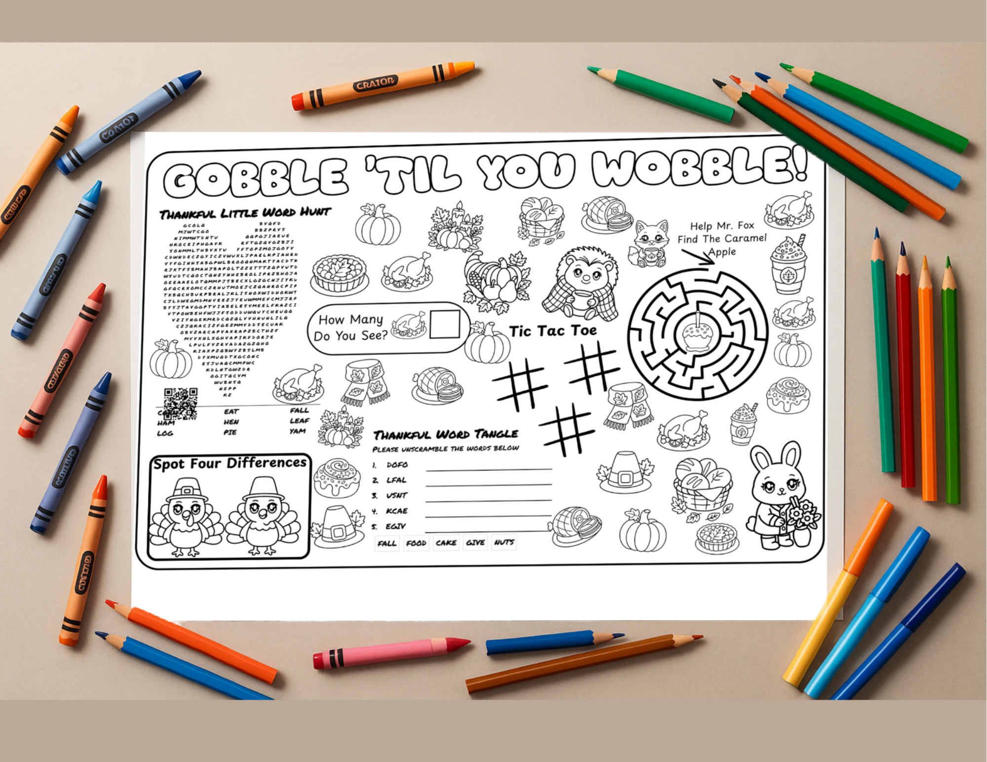 Kids Thanksgiving Activity Placemat | Coloring, Games & Puzzles | Instant Download
