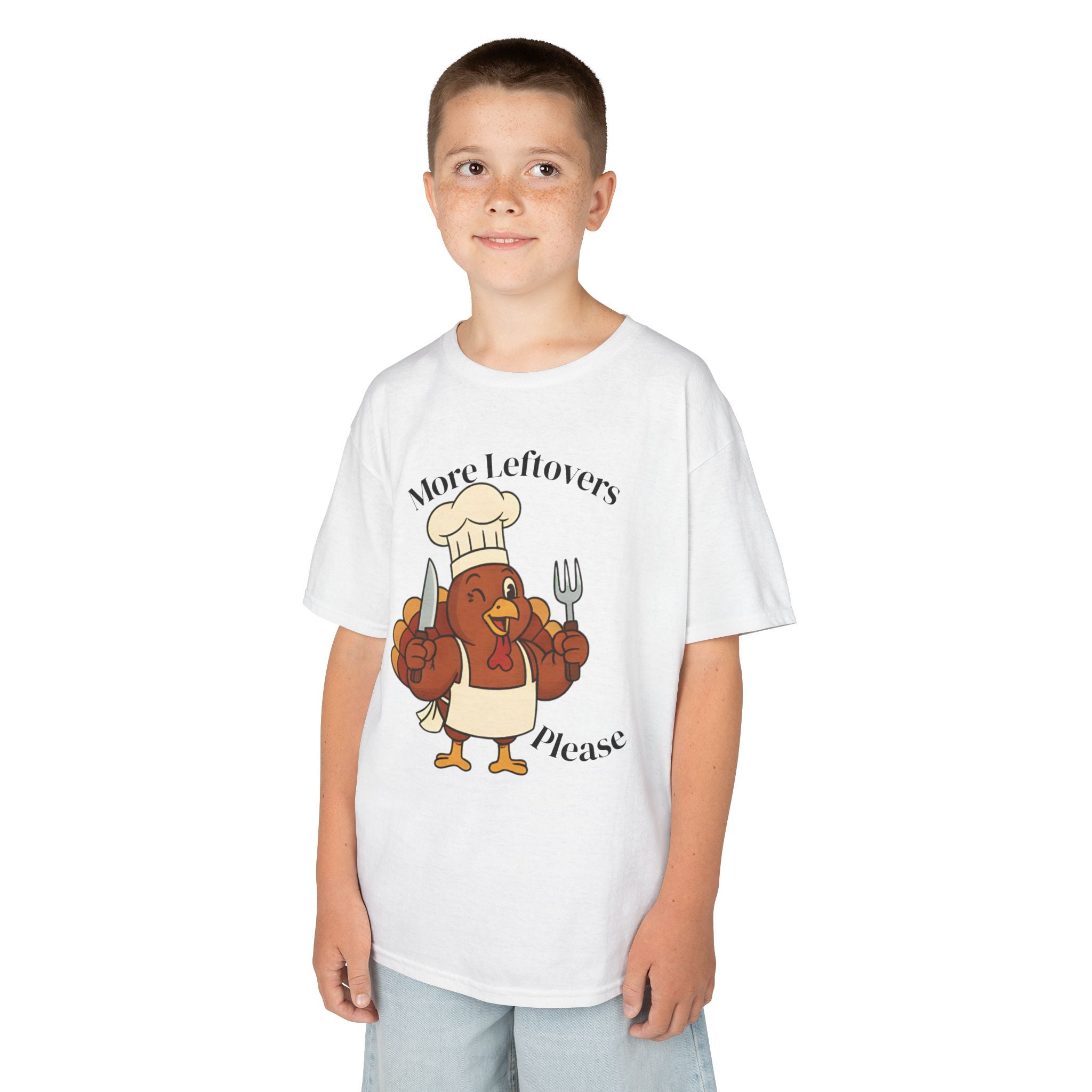 Funny Thanksgiving Kids Tee - More Leftovers Please, Holiday Shirt, Cute Turkey Gear, Thanksgiving Apparel, Kids Humor T-Shirt