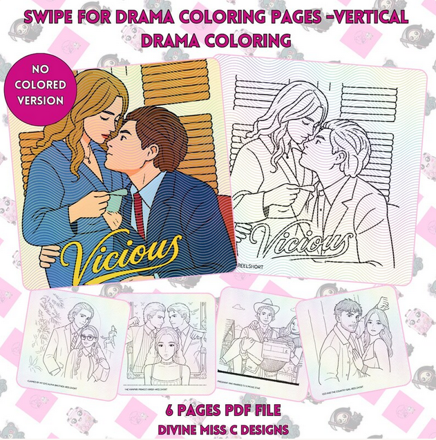 Swipe for Drama Coloring Pages | Vertical Drama Coloring Book Printable | Short Drama Fan Gift | Adult Coloring PDF | Instant Download 