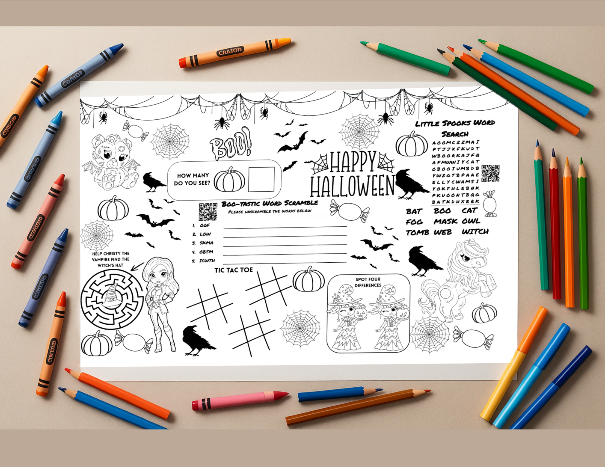 Halloween Activity Placemat Printable for Kids – Spooky Coloring, Puzzles & Games | Instant Download Party Favor