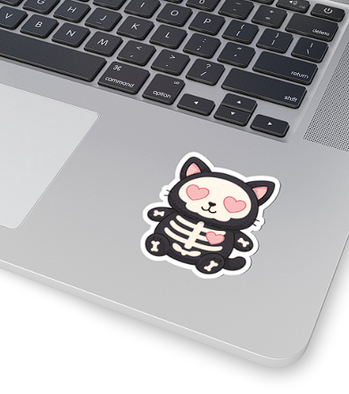 Cute Skeleton Cat Kiss-Cut Sticker — Heart-Eyed Halloween Laptop Decal