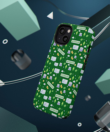 Impact-Resistant Phone Case — Green Gaming & Tech Pattern (“Motherlode”, Computer, Gems)