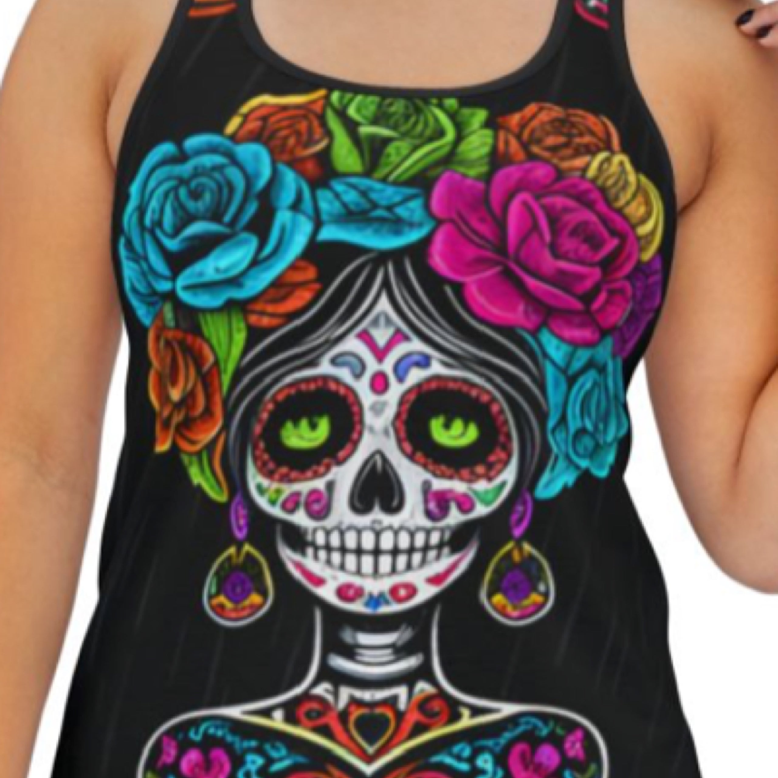 Vibrant Day of the Dead Women's Tank Top, Boho Style, Summer Wear, Festival Outfit, Colorful Skull Design, Unique AOP Apparel